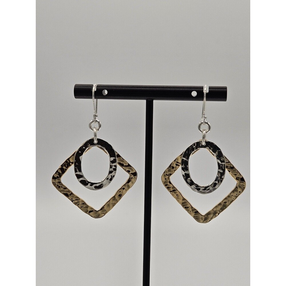 925 Sterling Silver Hammered Two Tone Dangle Earrings Boho Statement